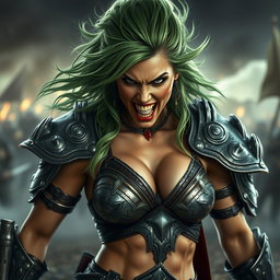 A high-quality, photo-realistic image of a fierce armored warrior woman with wild green hair, her face radiating anger with teeth bared