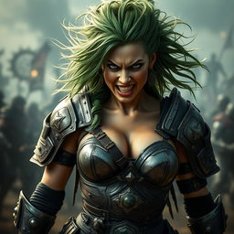 A high-quality, photo-realistic image of a fierce armored warrior woman with wild green hair, her face radiating anger with teeth bared