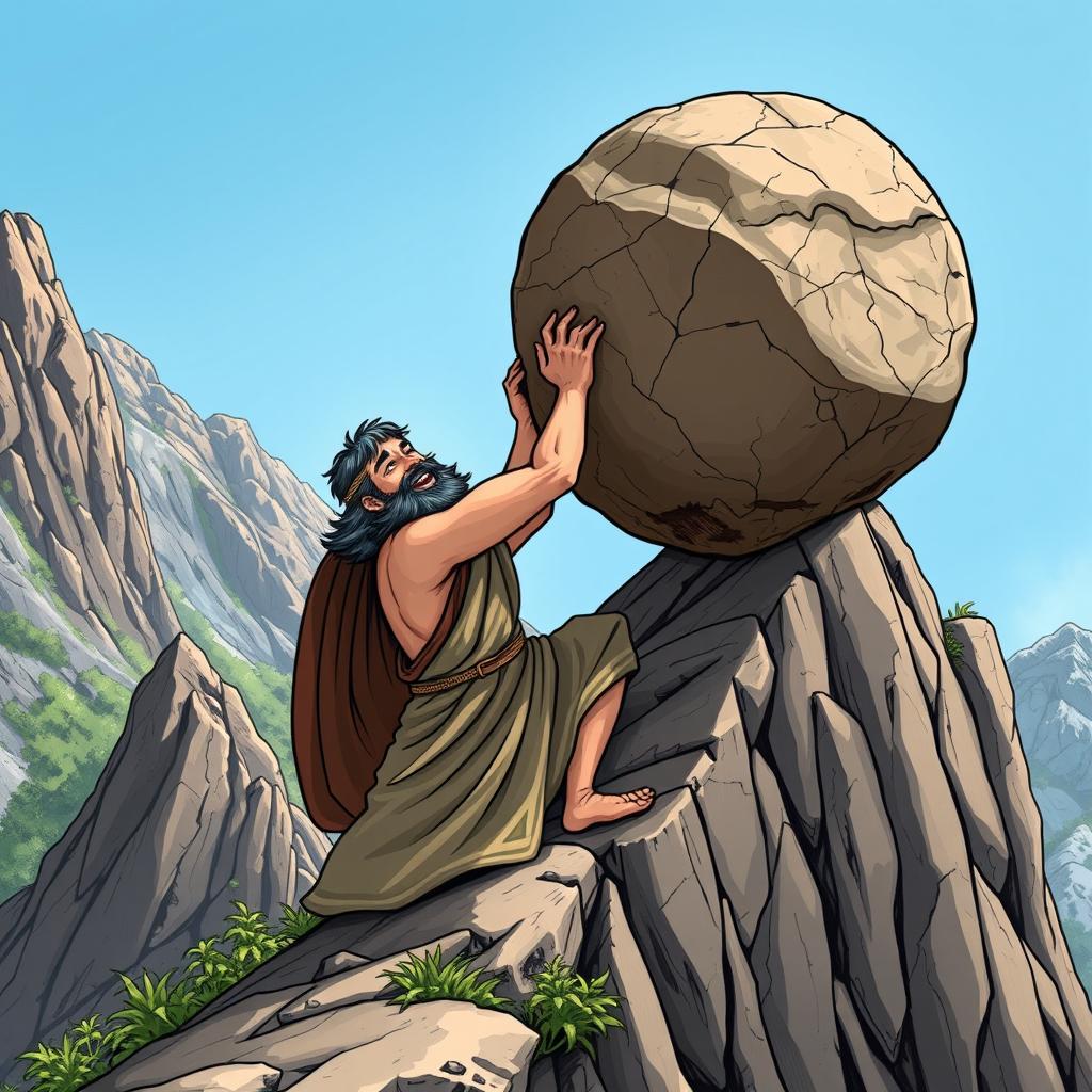 A medieval-style illustration of Sisyphus, depicted humorously lifting a large boulder up a steep mountain