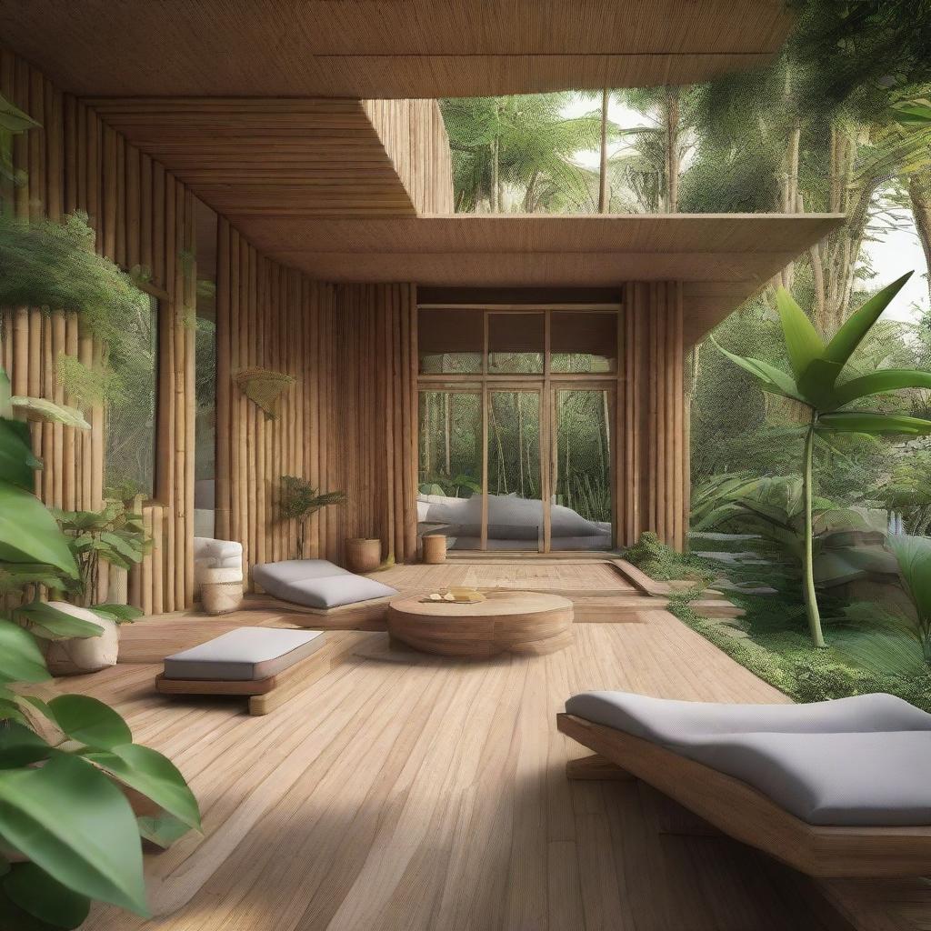 Enhance the two-story Joglo-Scandinavian retreat, integrating more lavish amenities. Add a rooftop terrace with panoramic views, a bamboo-lined walkway leading to a private yoga pavilion, upgraded gourmet kitchen with bamboo and rattan accents, and a secluded outdoor bamboo shower.