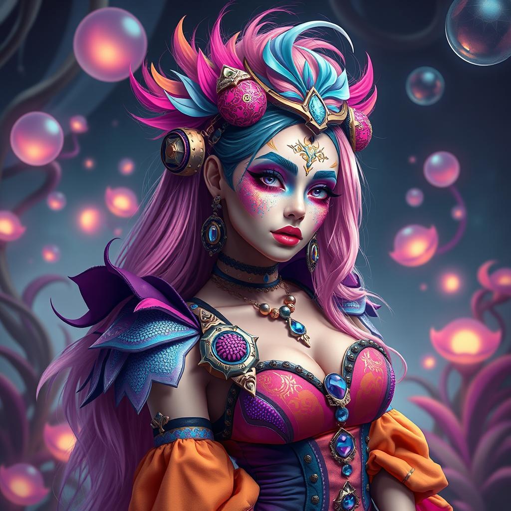 A beautiful character design for a cosplayer named Cosme, showcasing a unique and vibrant outfit inspired by a futuristic fantasy theme