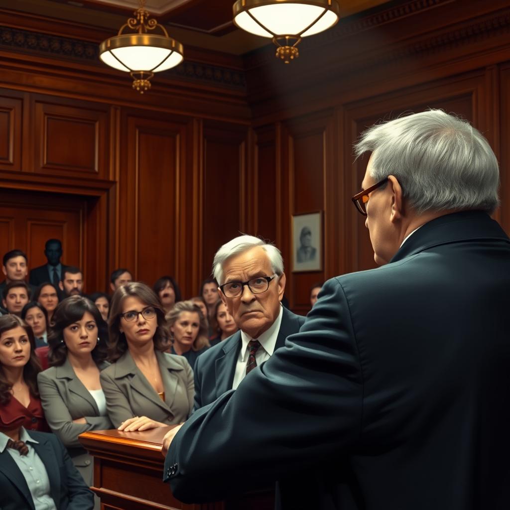 A dramatic courtroom scene depicting a tense moment during a trial, with a false witness on the stand looking nervous and sweat beading on their forehead
