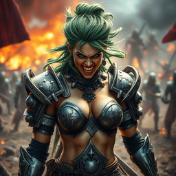 A high-quality, photo-realistic image of a fierce armored warrior woman with wild green hair, her face expressing intense anger with teeth bared