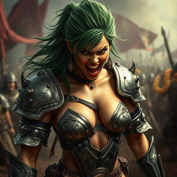 A high-quality, photo-realistic image of a fierce armored warrior woman with wild green hair, her face expressing intense anger with teeth bared