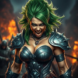 A high-quality, photo-realistic image of a fierce armored warrior woman with wild green hair, her face expressing intense anger with teeth bared