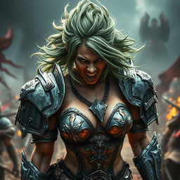 A high-quality, photo-realistic image of a fierce armored warrior woman with wild green hair, her face expressing intense anger with teeth bared