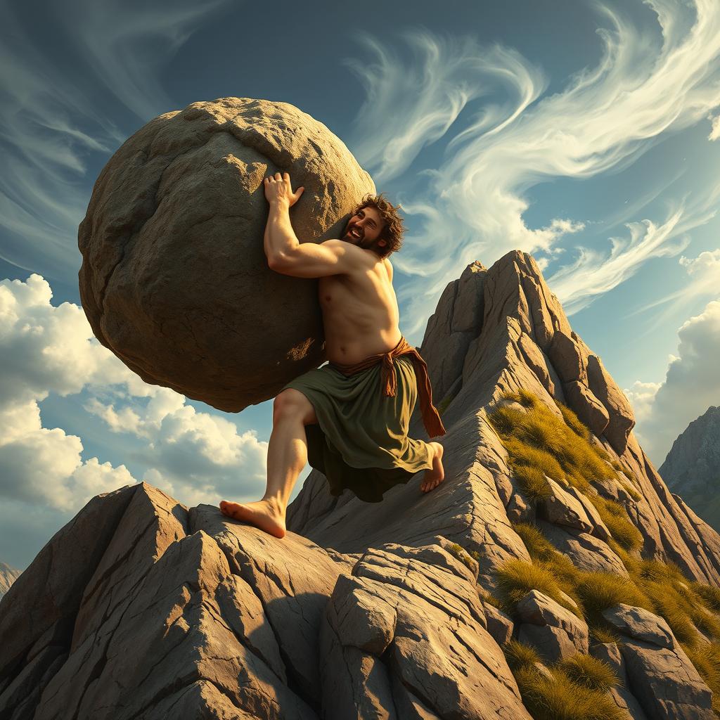 Sisyphus, depicted in classical medieval art style, straining to push a massive boulder up a steep, rugged mountain slope