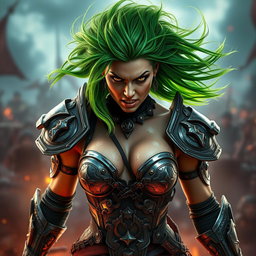 A high-quality, photo-realistic image of a fierce armored warrior woman with wild, bright green hair, her face expressing intense anger and determination