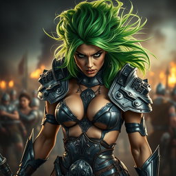 A high-quality, photo-realistic image of a fierce armored warrior woman with wild, bright green hair, her face expressing intense anger and determination