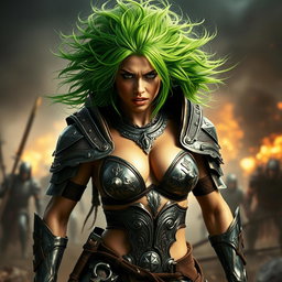 A high-quality, photo-realistic image of a fierce armored warrior woman with wild, bright green hair, her face expressing intense anger and determination