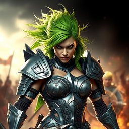 A high-quality, photo-realistic image of a fierce armored warrior woman with wild, bright green hair, her face expressing intense anger and determination