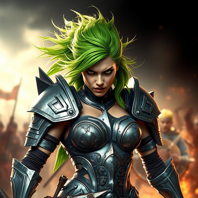 A high-quality, photo-realistic image of a fierce armored warrior woman with wild, bright green hair, her face expressing intense anger and determination
