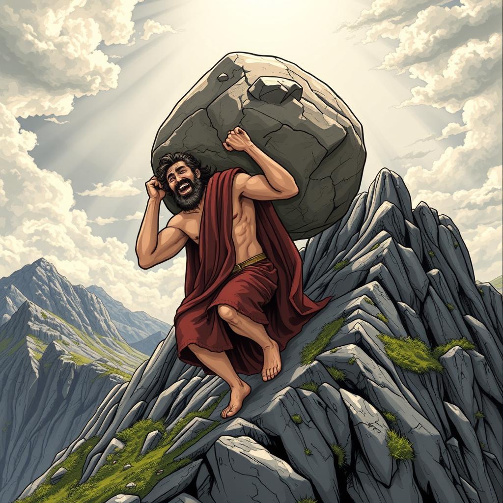 Sisyphus, illustrated in a classical medieval art style, is depicted in the midst of climbing a steep mountain with a massive boulder balanced upon his back