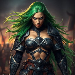 A high-quality, photo-realistic image of a fierce armored warrior woman with long, wild bright green hair flowing dramatically behind her