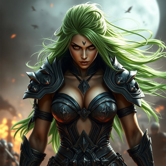 A high-quality, photo-realistic image of a fierce armored warrior woman with long, wild bright green hair flowing dramatically behind her