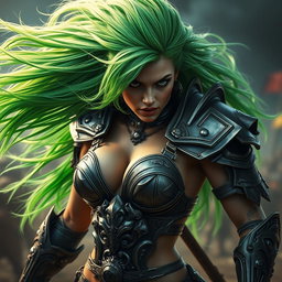 A high-quality, photo-realistic image of a fierce armored warrior woman with long, wild bright green hair flowing dramatically behind her