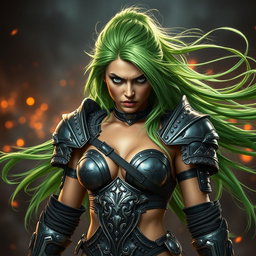 A high-quality, photo-realistic image of a fierce armored warrior woman with long, wild bright green hair flowing dramatically behind her