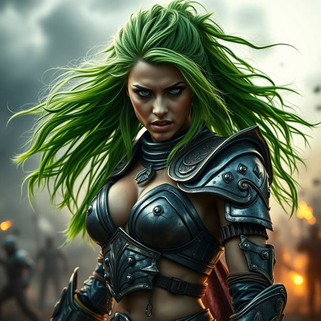 A high-quality, photo-realistic image of a fierce armored warrior woman with long, wild bright green hair, her face exhibiting intense anger and determination