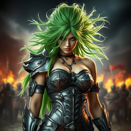 A high-quality, photo-realistic image of a fierce armored warrior woman with long, wild bright green hair, her face exhibiting intense anger and determination