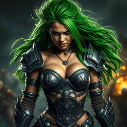 A high-quality, photo-realistic image of a fierce armored warrior woman with long, wild bright green hair, her face exhibiting intense anger and determination