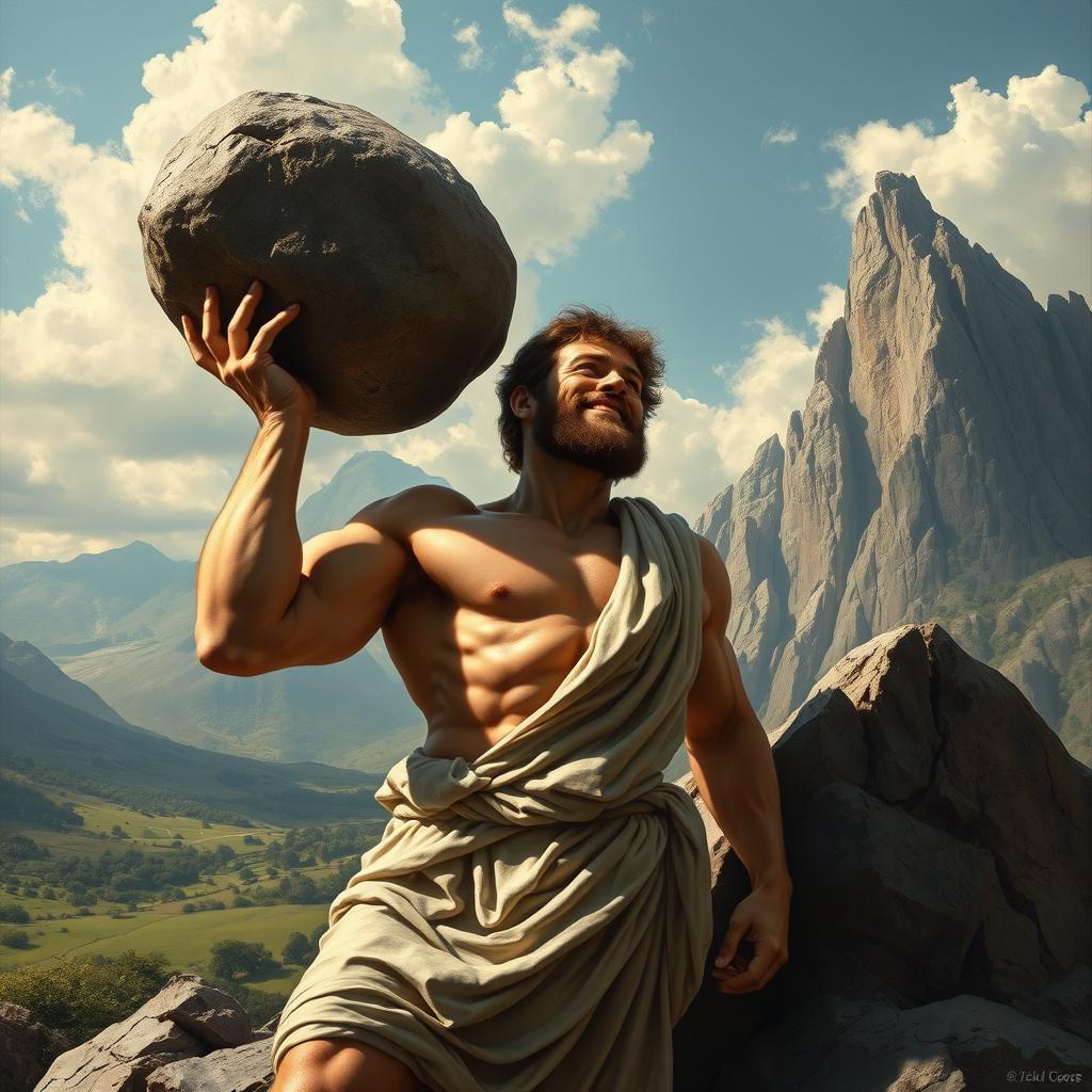 Sisyphus depicted in the authentic style of Greek mythology paintings, showcasing his powerful physique as he lifts a heavy boulder towards the summit of a rugged mountain
