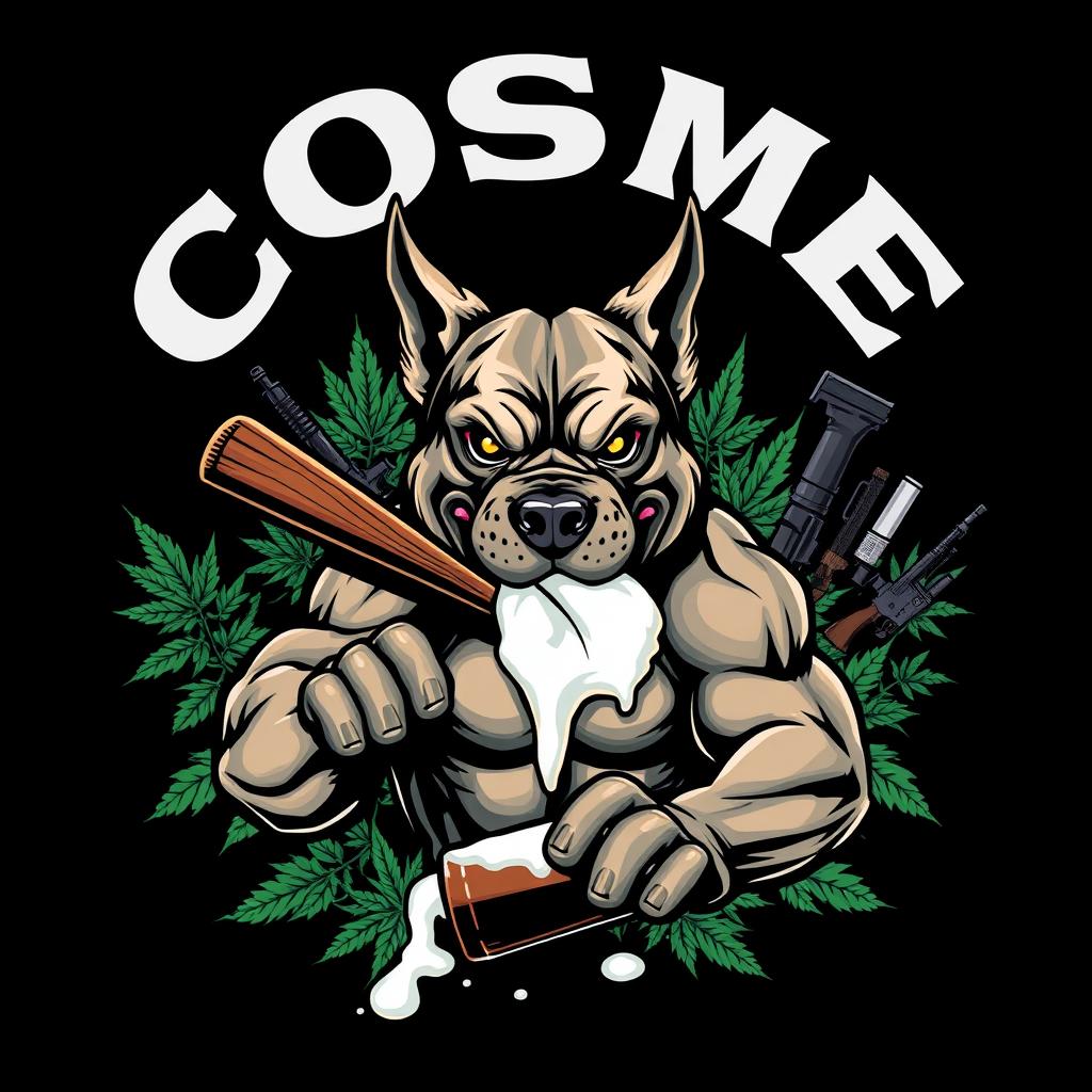 A bold and aggressive design featuring the letters 'COSME' positioned at the top inside a circle