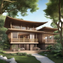 Enhance the two-story Joglo-Scandinavian retreat, integrating more lavish amenities. Add a rooftop terrace with panoramic views, a bamboo-lined walkway leading to a private yoga pavilion, upgraded gourmet kitchen with bamboo and rattan accents, and a secluded outdoor bamboo shower.