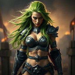 A full-body shot of a high-quality, photo-realistic image featuring a fierce armored warrior woman