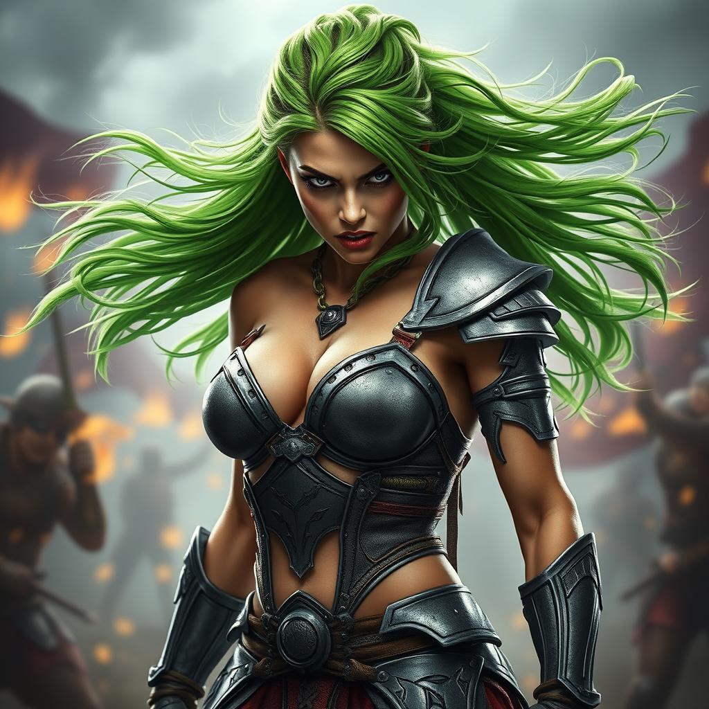 A full-body shot of a high-quality, photo-realistic image featuring a fierce armored warrior woman