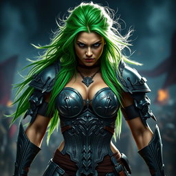 A full-body shot of a high-quality, photo-realistic image featuring a fierce armored warrior woman