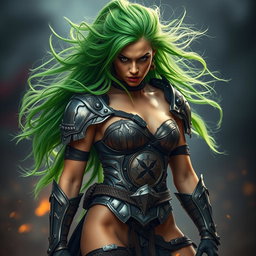 A full-body shot of a high-quality, photo-realistic image featuring a fierce armored warrior woman