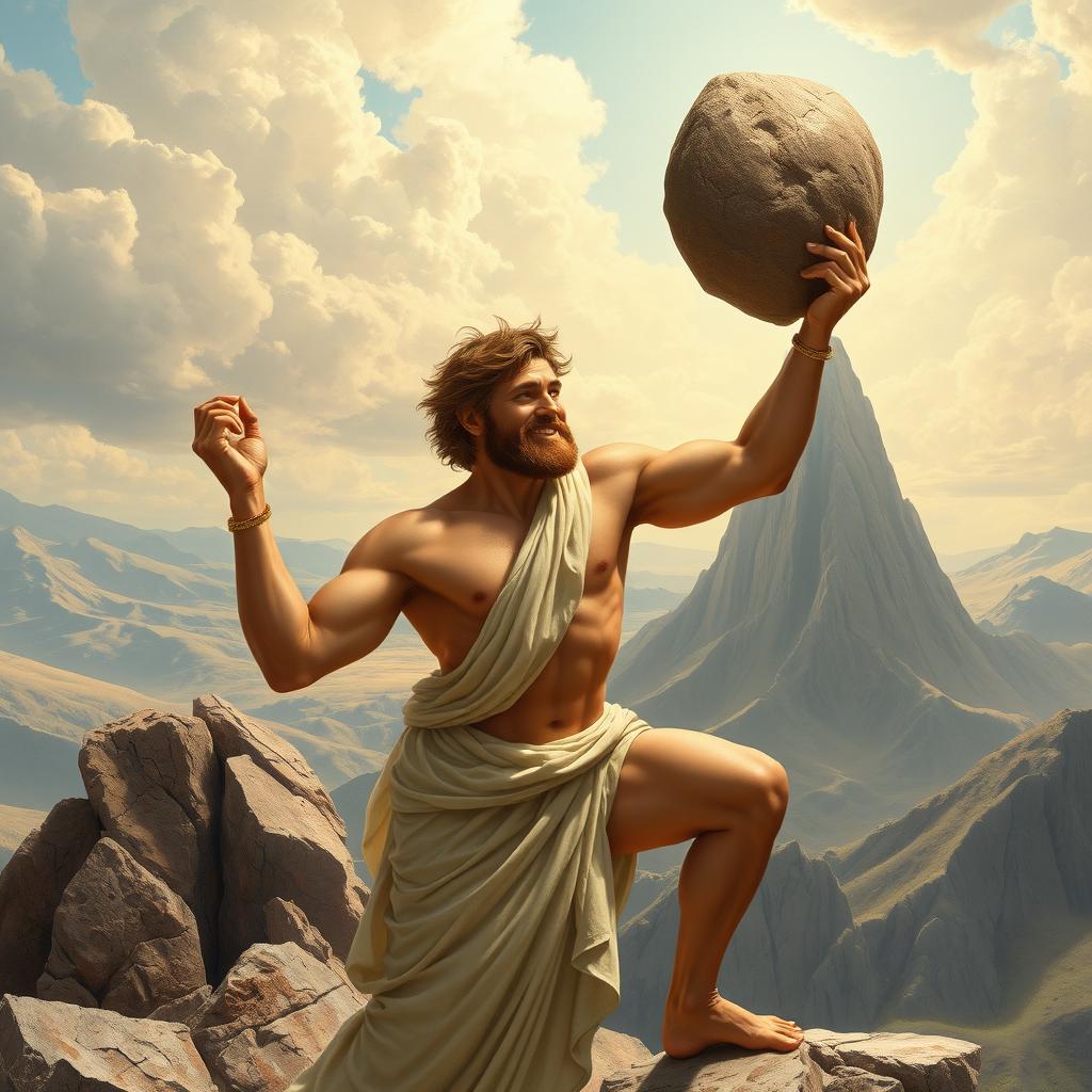 Sisyphus portrayed in the exquisite style of Greek mythology paintings, depicted as he lifts a massive rock towards the peak of a towering mountain