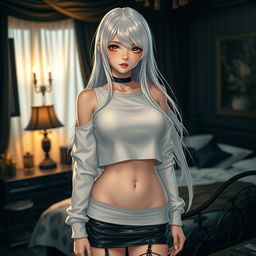 A breathtaking gothic anime girl with long, flowing white hair and prominent big breasts, wearing a trendy white crop shoulderless cotton sweatshirt that highlights her figure and adds a touch of elegance