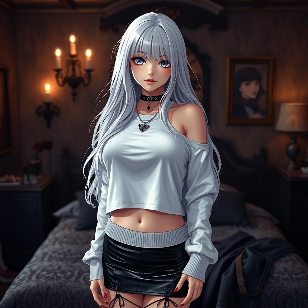A breathtaking gothic anime girl with long, flowing white hair and prominent big breasts, wearing a trendy white crop shoulderless cotton sweatshirt that highlights her figure and adds a touch of elegance