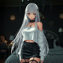 A breathtaking gothic anime girl with long, flowing white hair and prominent big breasts, wearing a trendy white crop shoulderless cotton sweatshirt that highlights her figure and adds a touch of elegance