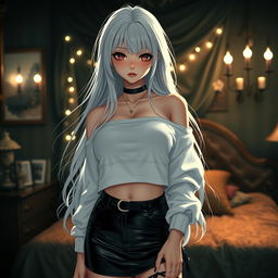 A breathtaking gothic anime girl with long, flowing white hair and prominent big breasts, wearing a trendy white crop shoulderless cotton sweatshirt that highlights her figure and adds a touch of elegance