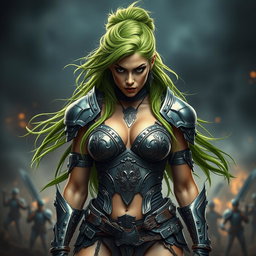 A full-body shot of a high-quality, photo-realistic image featuring a fierce armored warrior woman