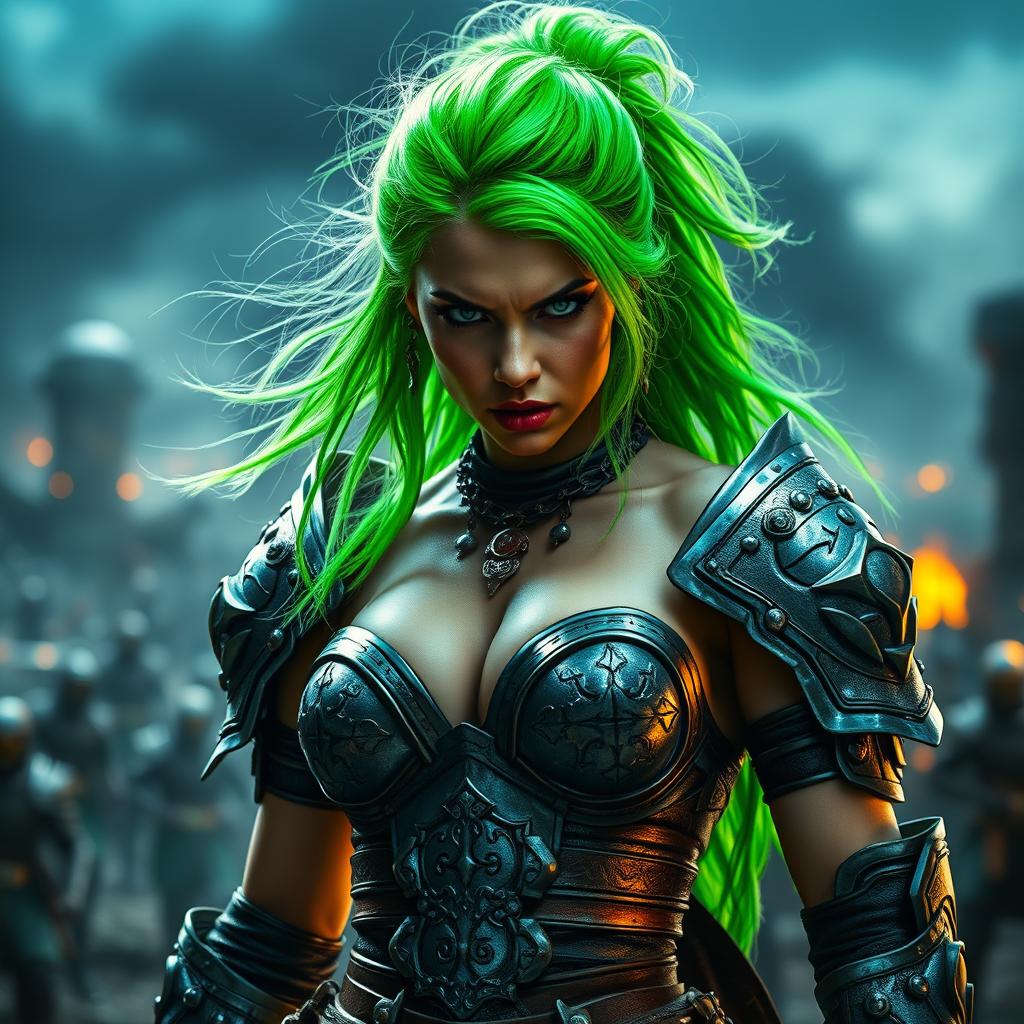 A full-body shot of a high-quality, photo-realistic image featuring a fierce armored warrior woman