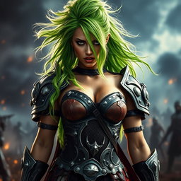 A full-body shot of a high-quality, photo-realistic image featuring a fierce armored warrior woman