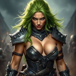 A full-body shot of a high-quality, photo-realistic image featuring a fierce armored warrior woman
