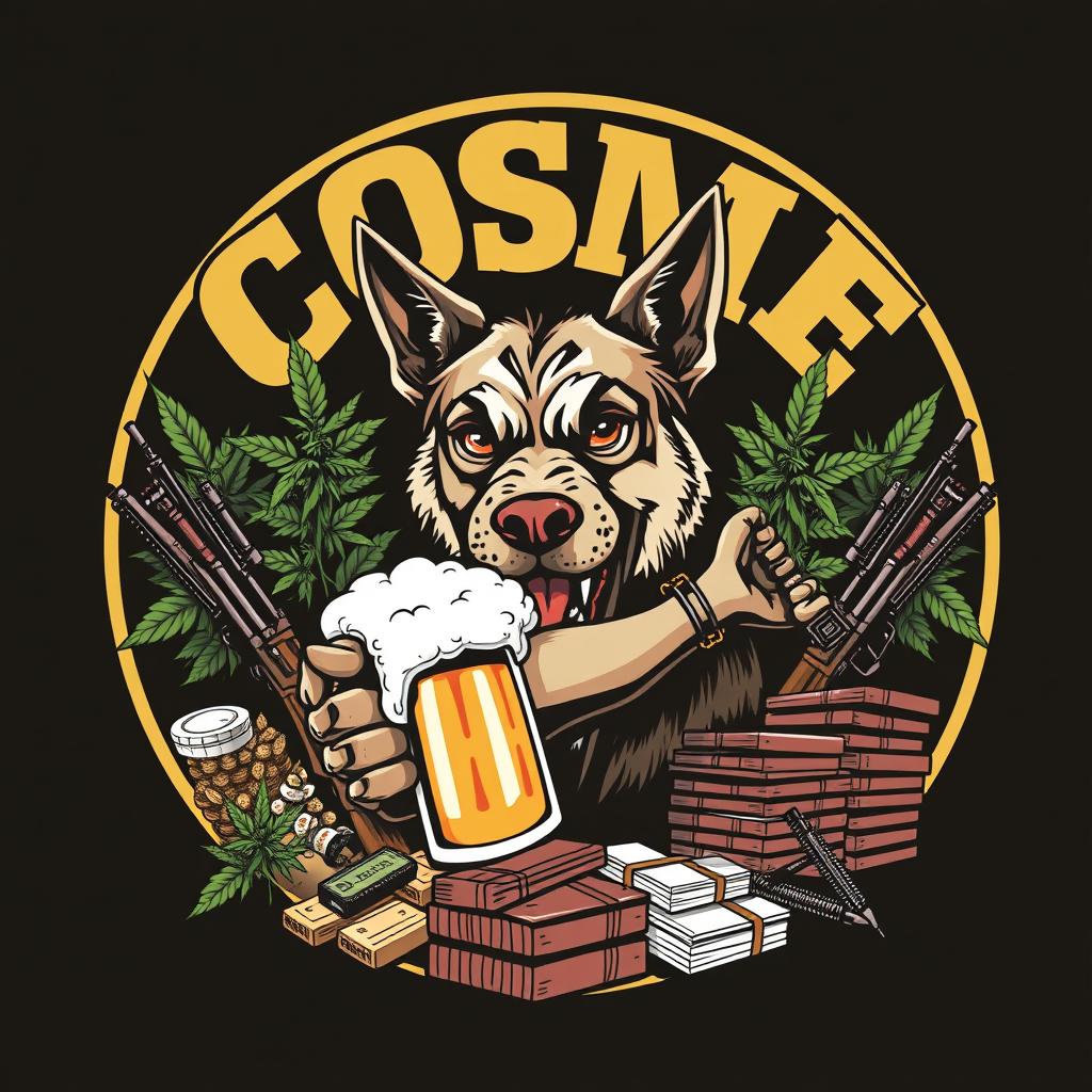 An aggressive and striking design featuring the letters 'COSME' boldly placed at the top within a circle