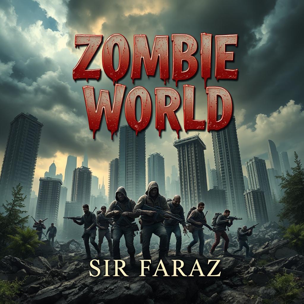 A captivating book cover for the title "Zombie World" by Sir Faraz, featuring a dystopian landscape filled with towering, crumbling skyscrapers overrun by nature, with ominous storm clouds gathering overhead