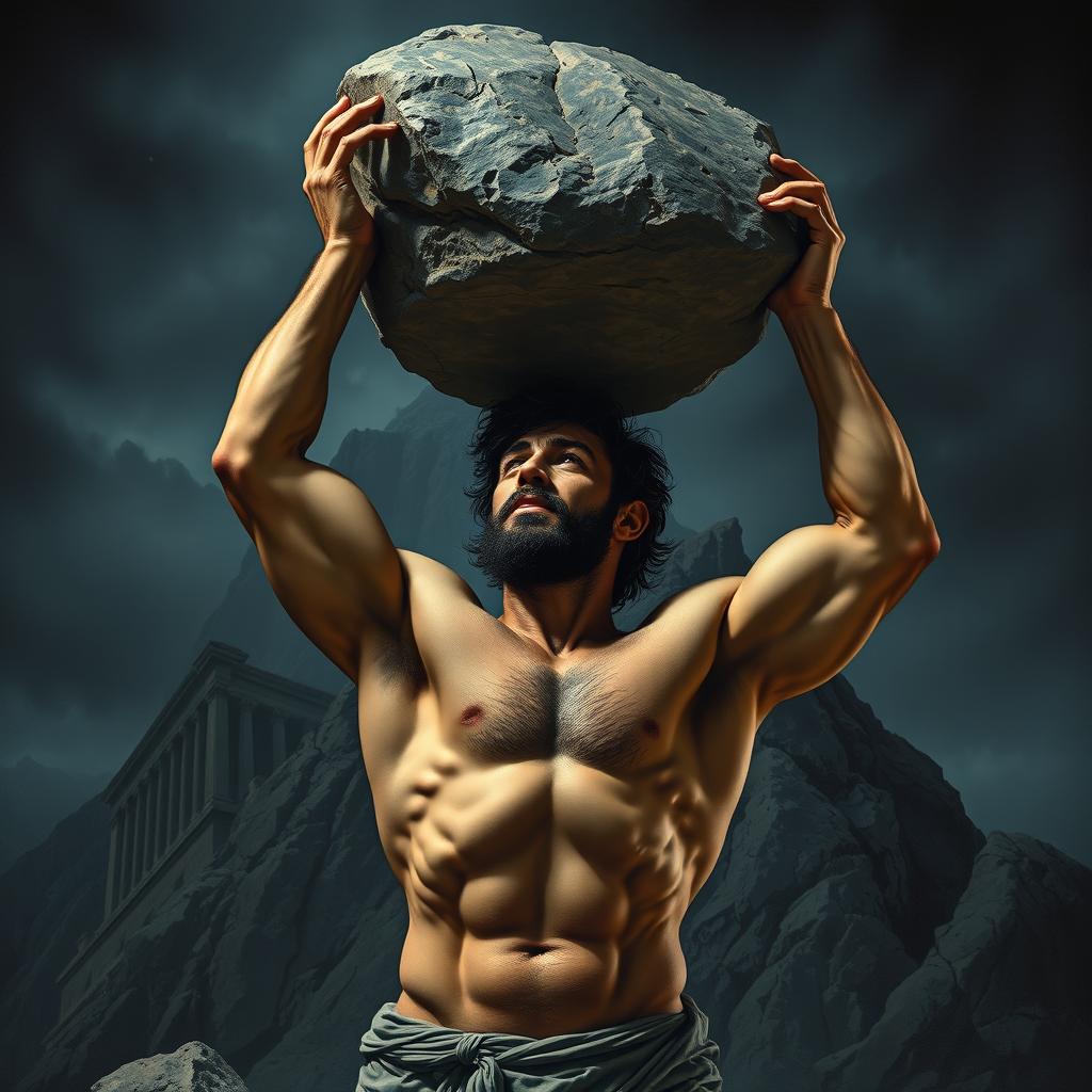 Sisyphus depicted in the evocative style of Greek mythology paintings, showcasing his muscular form as he lifts a heavy rock above his head with both hands