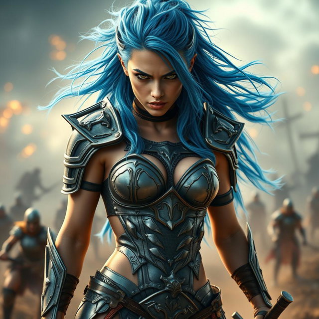 A full-body shot of a high-quality, photo-realistic image featuring a fierce armored warrior woman