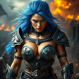 A full-body shot of a high-quality, photo-realistic image featuring a fierce armored warrior woman