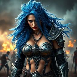 A full-body shot of a high-quality, photo-realistic image featuring a fierce armored warrior woman