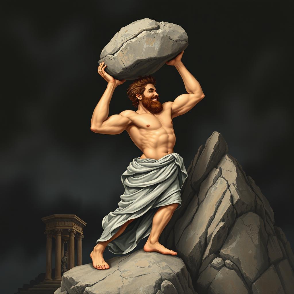 Sisyphus illustrated in the classic style of Greek mythology paintings, shown in profile as he exerts all his strength to lift a heavy rock above his head