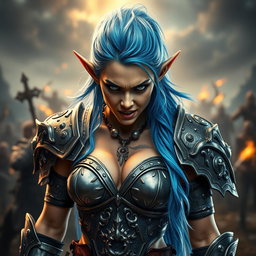 A full-body shot of a high-quality, photo-realistic image featuring a fierce armored warrior woman with prominent elf ears