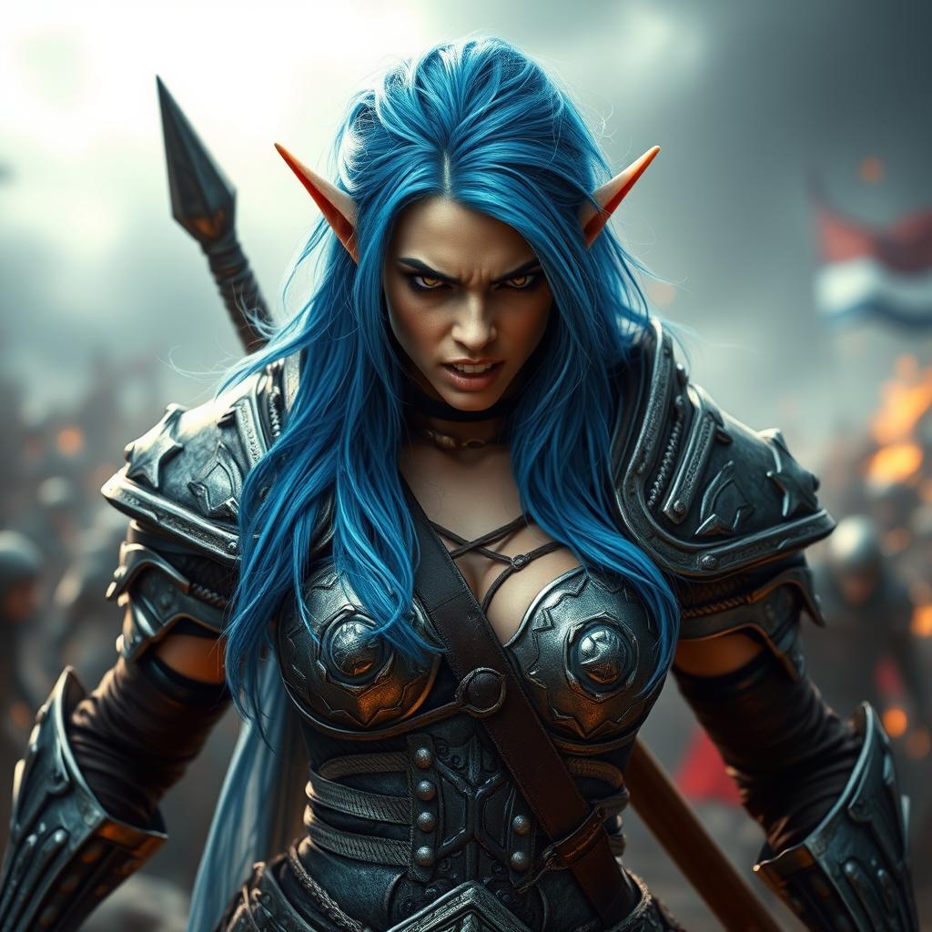 A full-body shot of a high-quality, photo-realistic image featuring a fierce armored warrior woman with prominent elf ears