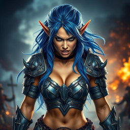 A full-body shot of a high-quality, photo-realistic image featuring a fierce armored warrior woman with prominent elf ears